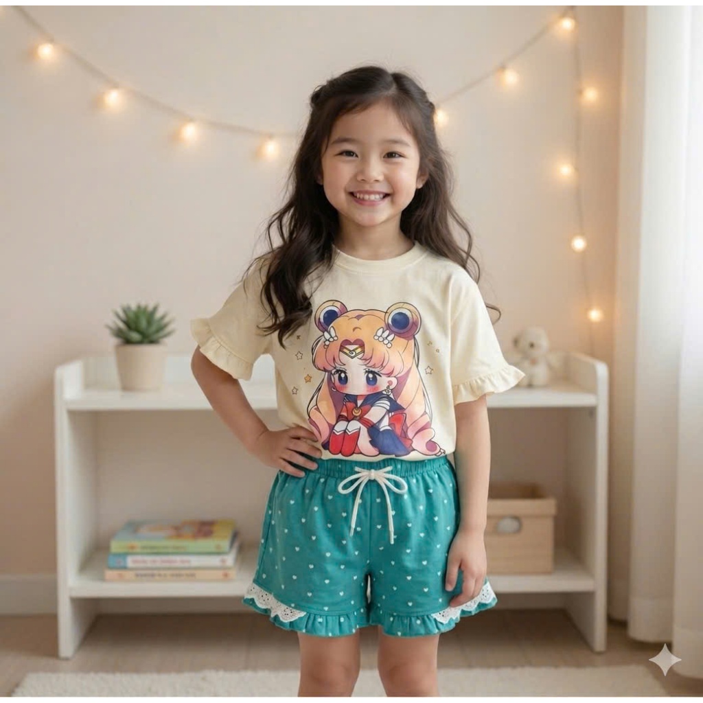 Sét Cộc Tay Họa Tiết Thủy Thủ Mặt Trăng Phối Bèo Dành Cho Bé 9-37kg