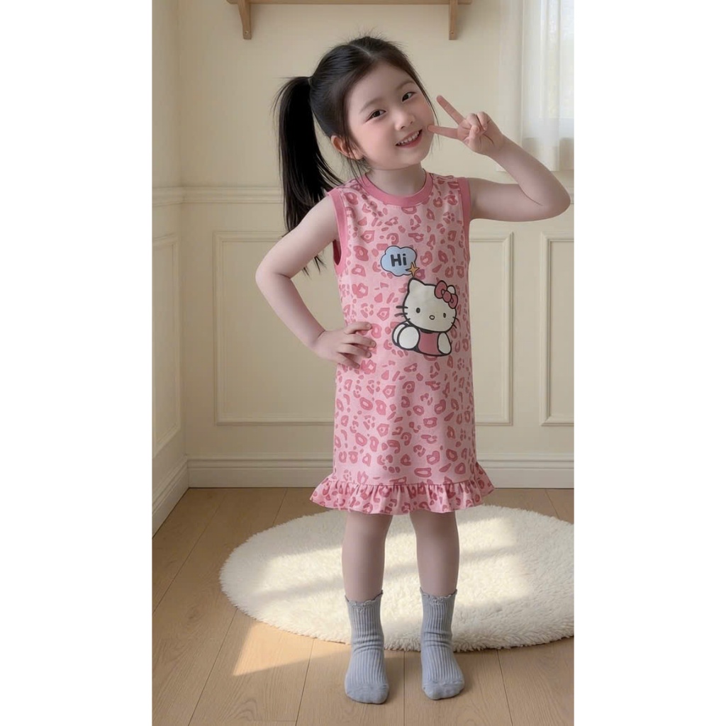Vày Xuông Sát Nách Hello Kitty Phối Bèo Dành Cho Bé Từ 9-35kg