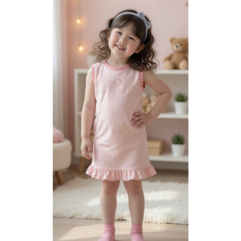 Vày Xuông Sát Nách Hello Kitty Phối Bèo Dành Cho Bé Từ 9-35kg