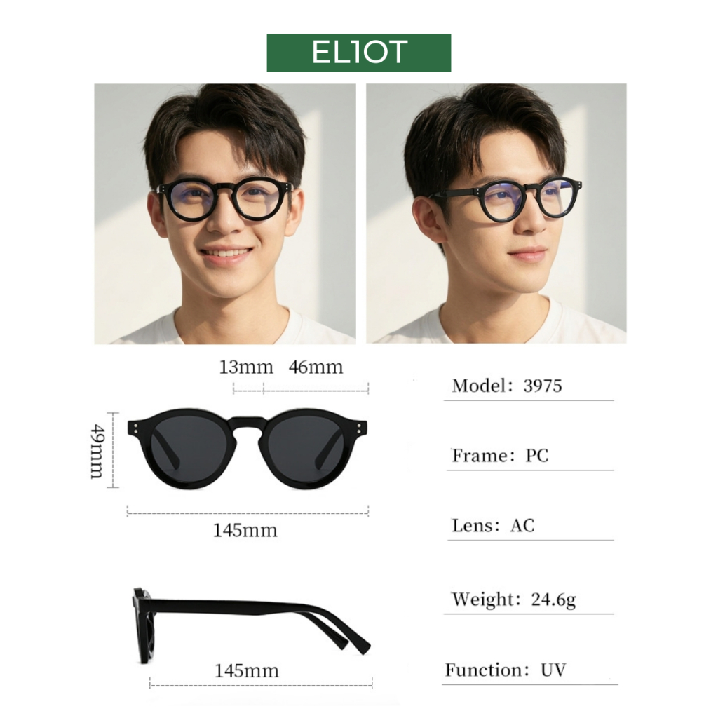 Gọng kính cận ELIOT EYEWEAR dáng mắt tròn chất liệu nhựa bản lề kim loại chắc chắn thời trang có thể thay thế tròng 3975