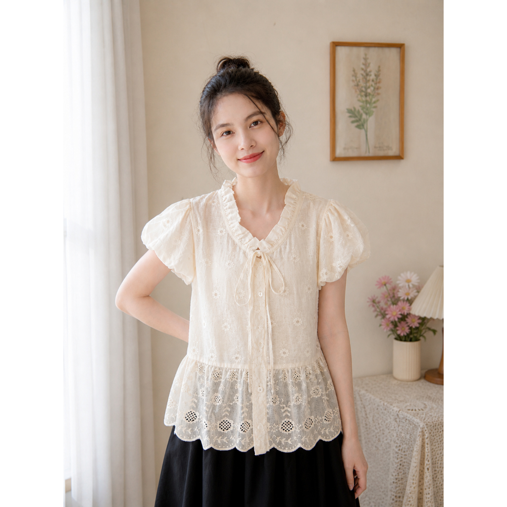 Áo babydoll AIMEE thô boil phối cổ bèo tay bồng TL.Online Shop A002