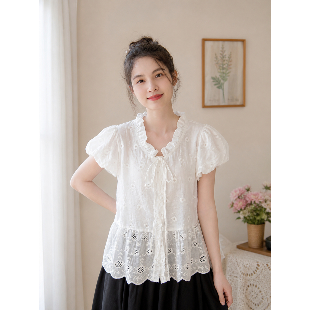 Áo babydoll AIMEE thô boil phối cổ bèo tay bồng TL.Online Shop A002