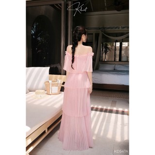 Đầm dài Khiết Style maxi hồng trễ vai tơ nữ hoàng dập ly phong cách bay bổng nhẹ nhàng KD547A