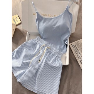 Bộ đồ ngủ nữ JOIE TRENDY áo 2 dây kèm đệm ngực, Set mặc nhà có sẵn mút ngực tiện lợi quần đùi sọc dọc tôn dáng