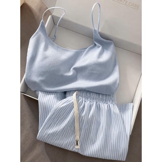 Bộ đồ ngủ nữ JOIE TRENDY áo 2 dây kèm đệm ngực, Set mặc nhà có sẵn mút ngực tiện lợi quần đùi sọc dọc tôn dáng