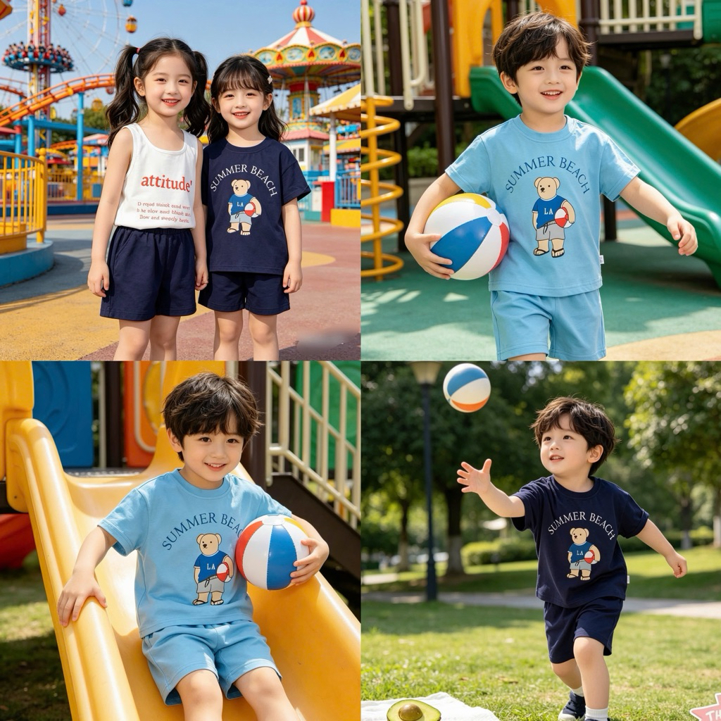Set Bộ Bé Trai Bé Gái Cotton Ngắn Tay C6255 Hình Gấu Summer Beach Dễ Thương