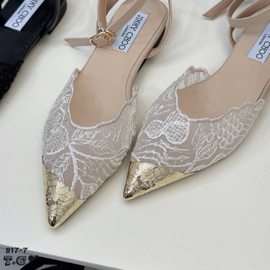 Giày bệt Jimmychoo ren mũi kim loại