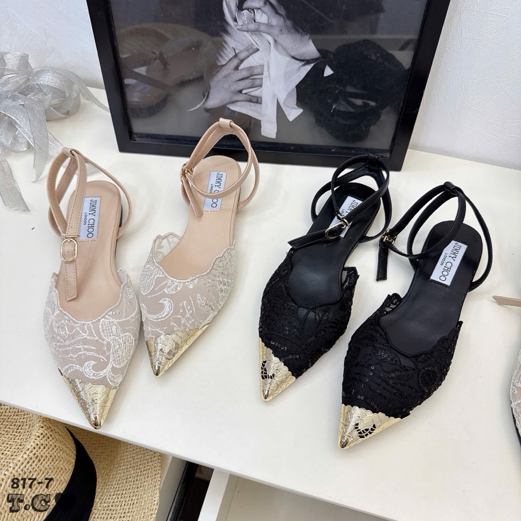 Giày bệt Jimmychoo ren mũi kim loại