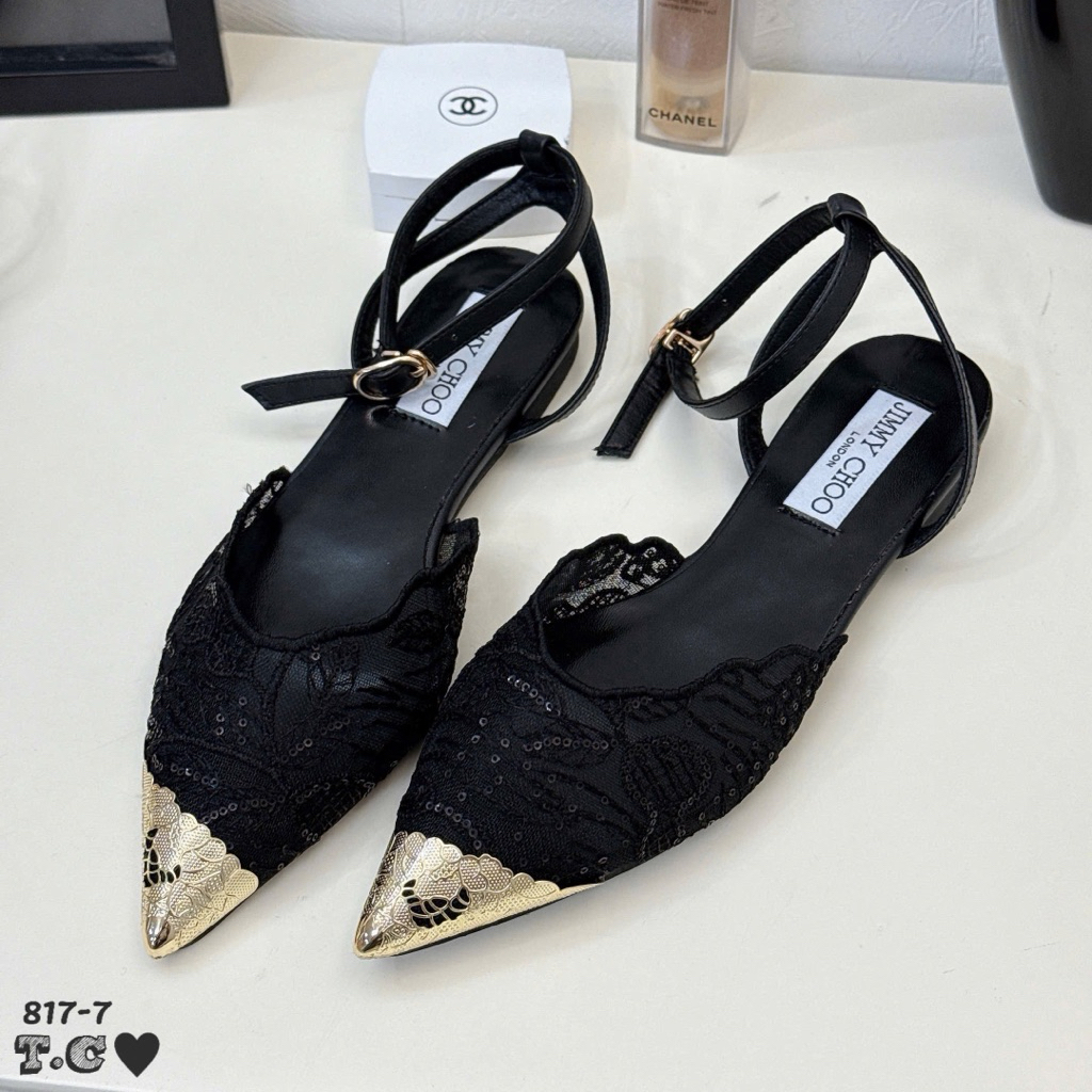 Giày bệt Jimmychoo ren mũi kim loại