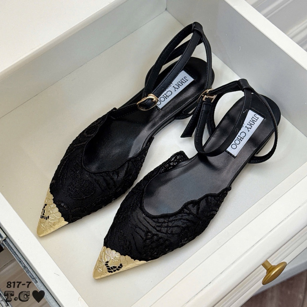 Giày bệt Jimmychoo ren mũi kim loại