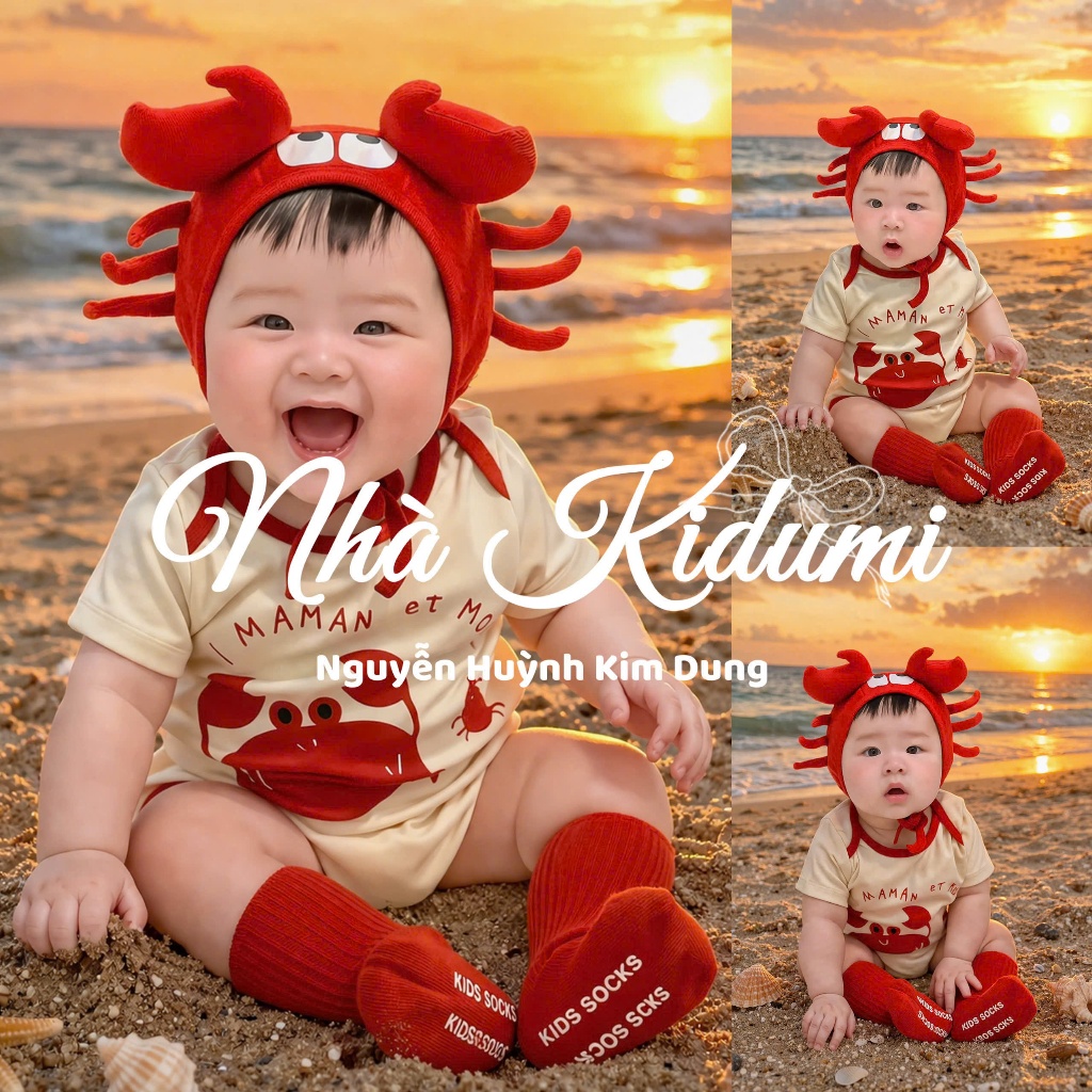 (CHÍNH CHỦ-Kèm Tất) Bodysuit in hình con cua kèm nón cho bé chất cotton 4C mềm mại dày dặn BS30