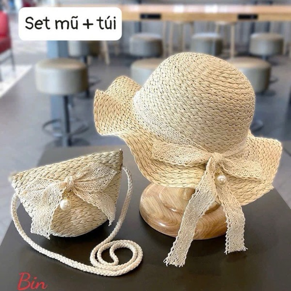 Set Mũ + Túi Cói Cho Bé Gái Xinh Xắn – Đi Biển, Đi Chơi
