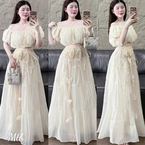 Set Váy Đi Biển Set Áo Croptop Trễ Vai Bèo Phối Chân Váy Dài Xoè Bồng Mặc Đi Chơi Đi Biển Sang Chảnh