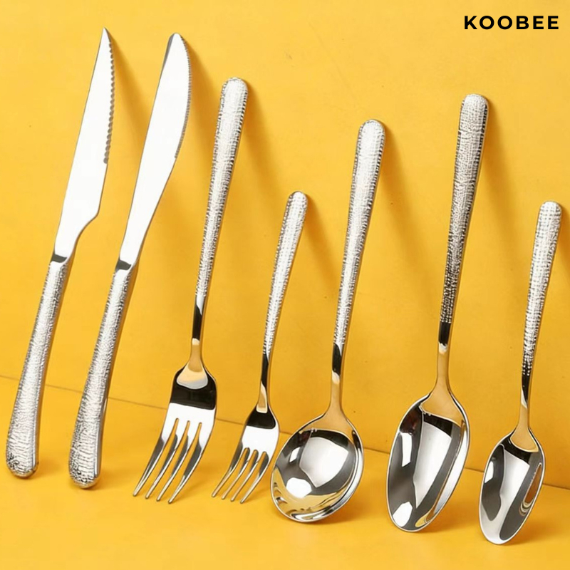 Bộ Dao Muỗng Thìa Nĩa Inox 304 KOOBEE – Bộ Dao Nĩa Ăn Bít Tết, Đồ Âu Tay Cầm Vân Tuyết Dày Dặn, Sáng Bóng Cao Cấp | 345