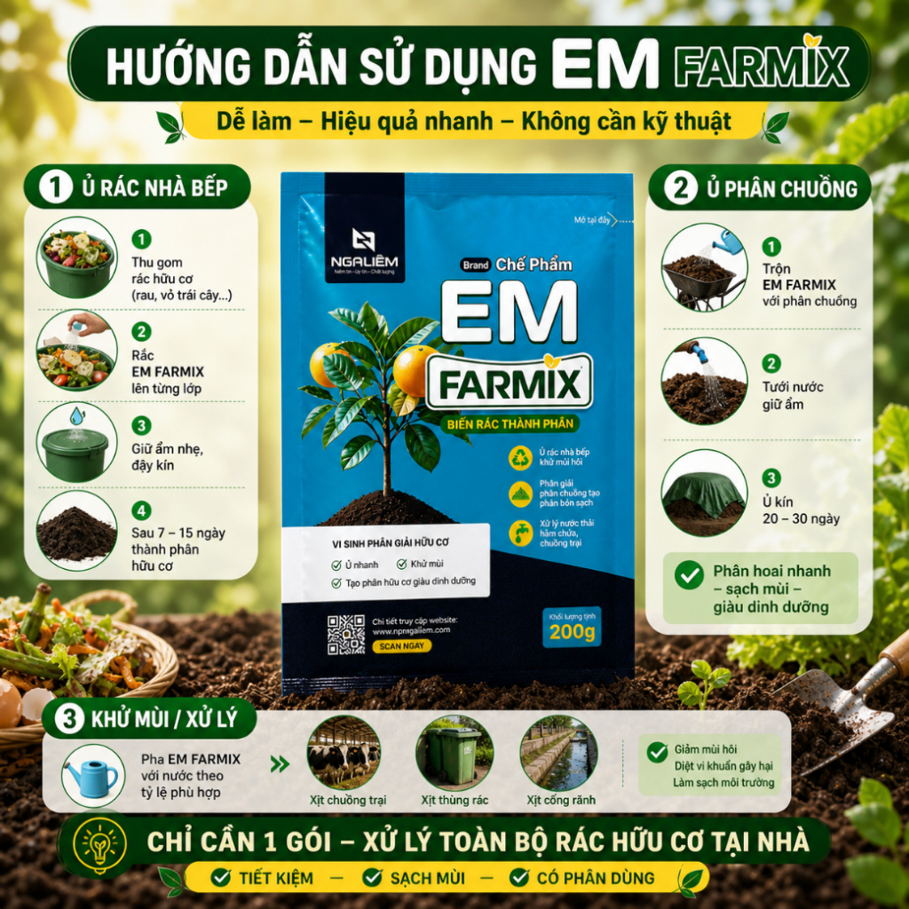 Chế phẩm EM Farmix 200gram – Biến Rác Thành Phân, Khử Mùi Nhanh, Ủ Phân Siêu Tiết Kiệm