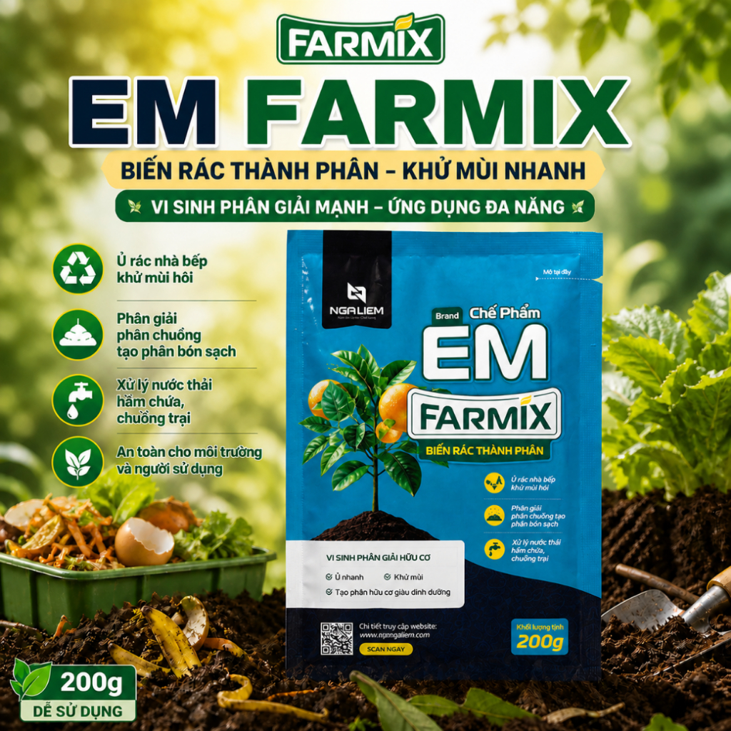 Chế phẩm EM Farmix 200gram – Biến Rác Thành Phân, Khử Mùi Nhanh, Ủ Phân Siêu Tiết Kiệm