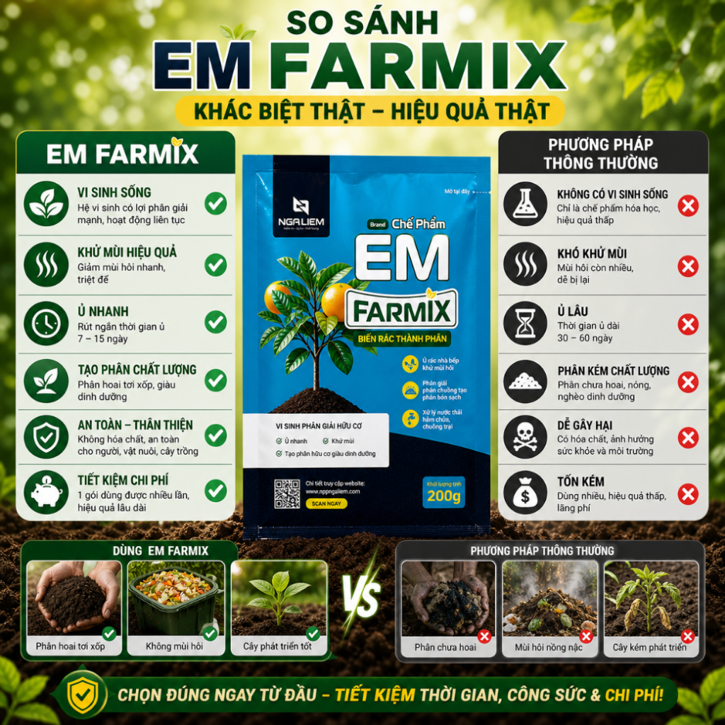 Chế phẩm EM Farmix 200gram – Biến Rác Thành Phân, Khử Mùi Nhanh, Ủ Phân Siêu Tiết Kiệm