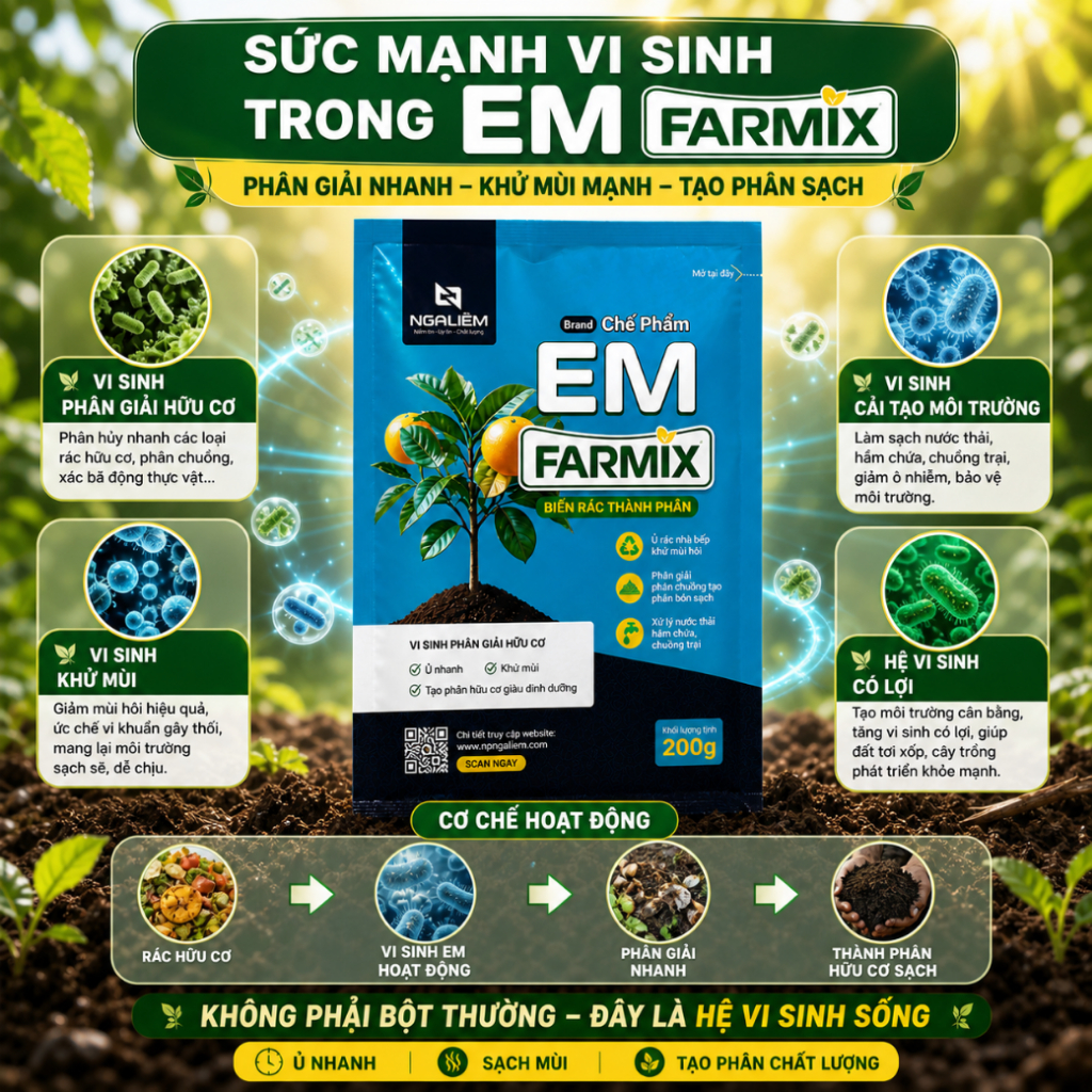 Chế phẩm EM Farmix 200gram – Biến Rác Thành Phân, Khử Mùi Nhanh, Ủ Phân Siêu Tiết Kiệm