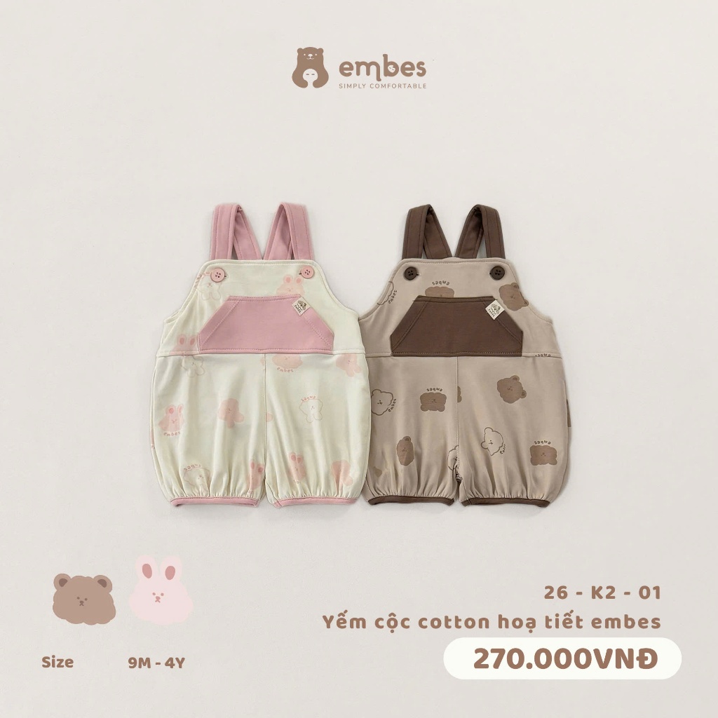 Yếm Quần Cho Bé Embes, Yếm Cộc Phối Túi Ngực In Hình Chất Cotton Cho Bé Trai Bé Gái Size Từ 8-17Kg