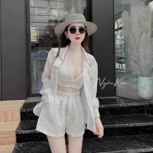 Đồ Bơi Bikini Đi Biển Set 3 Món Áo Có Lót Ren Quần Suông Kèm Sơ Mi Thiết Kế Sang Chảnh