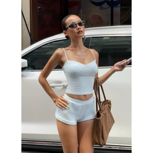 Set áo camisole & quần đùi nữ màu xanh icy blue & nâu tây viền ren chất cotton mềm có dây tăng đưa | bananabu