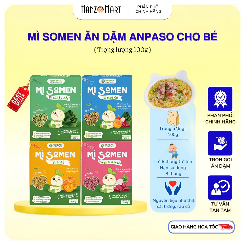 Mì Somen Cho Bé Ăn Dặm Anpaso Vị Rau Củ, Cải Bó Xôi, Củ Cải Đỏ Và Củ Dền, Bí Đỏ 100g