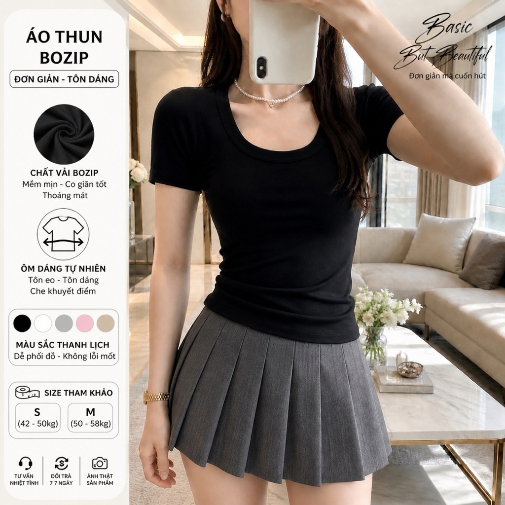 PQ11 - Áo cộc tay Cổ Vuông chất Bozip đẹp hàng cao cấp tôn dáng 42-60kg | BigBuy360 - bigbuy360.vn