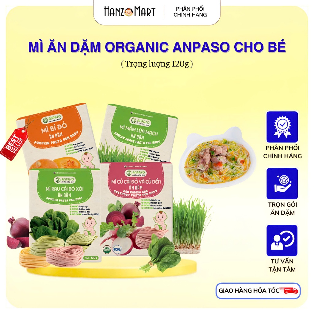 Mì Ăn Dặm cho bé Anpaso từ rau củ hữu cơ - Đồ Ăn Dặm Cho Bé 6 Tháng tuổi Bổ Sung Vitamin, Chất Xơ