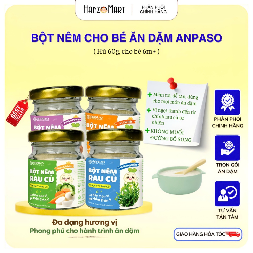 Hạt Nêm Cho Bé Ăn Dặm Anpaso - Bột Nêm Vị Rau Củ Nấm Hương Măng Tây Rong Biển Tự Nhiên - Gia Vị Ăn Dặm Cho Bé
