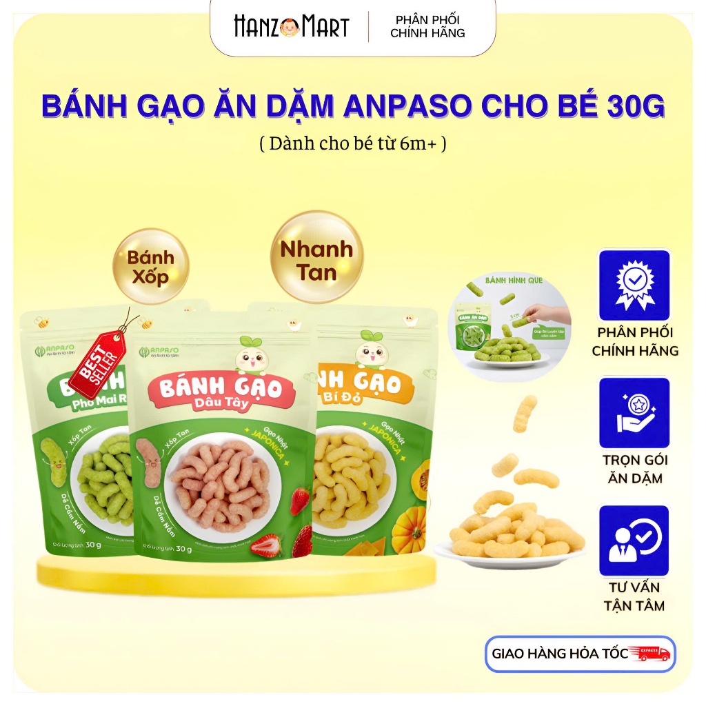 Bánh gạo ăn dặm cho bé Anpaso - Bánh gạo hữu cơ dạng que vị phô mai rau xanh, bí đỏ và dâu tây