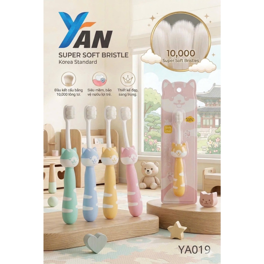 Bàn Chải Đánh Răng Trẻ Em YAN 10.000 Lông Siêu Mềm Korea Bàn Chải Cho Bé Bảo Vệ Nướu An Toàn