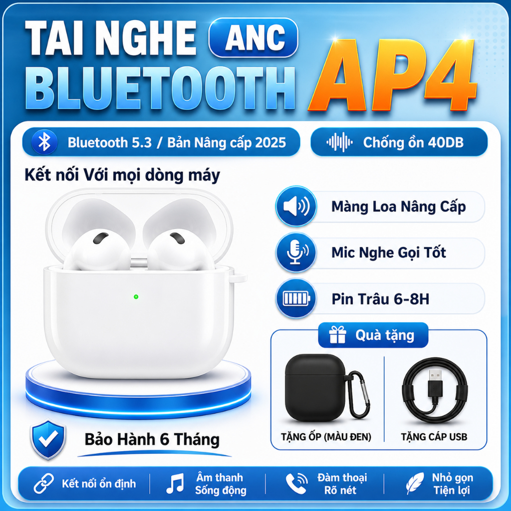 [HÀNG MỚI 2026]  Tai Nghe Bluetooth Ap4 1563E Hổ Vằn - Chống Ồn ANC 40dB - Pin 4-6H - Âm Thanh Vòm