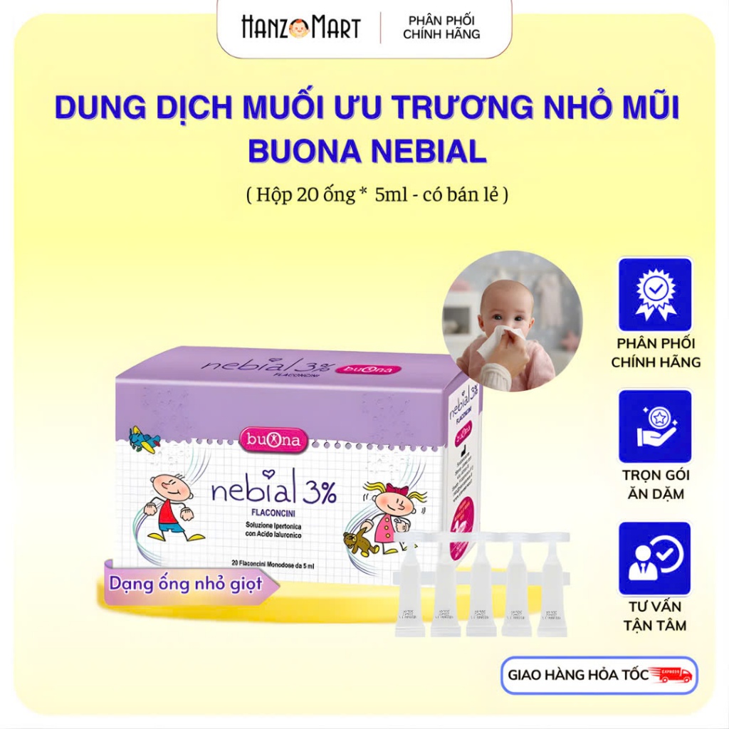Buona Nebial/Nebianax 3%Flaconcini,Dung Dịch Nhỏ Mũi Giảm Sổ Mũi,Nghẹt Mũi - Hộp 20 Ống Đơn Liều 5ml
