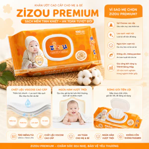 Khăn ướt Cao cấp Zizou Premium 100 tờ không mùi an toàn cho mẹ và bé, chống hăm, mềm mại, an toàn tuyệt đối.