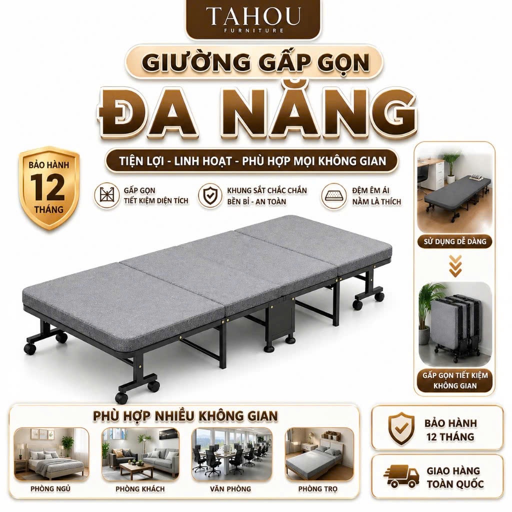 Giường Gấp Gọn Có Bánh Xe, Giường Xếp Ngủ Tiện Lợi, Gấp Gọn Tiết Kiệm Diện Tích, Khung Sắt Chắc Chắn Tahou