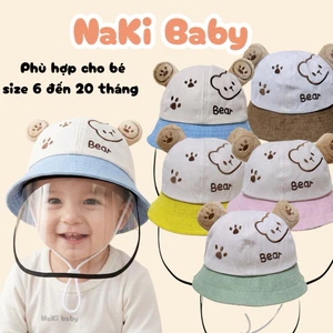 Nón vành thêu hình GẤU_CHÂN cho bé đi xe máy, CÓ KÈM KÍNH chắn gió cản bụi