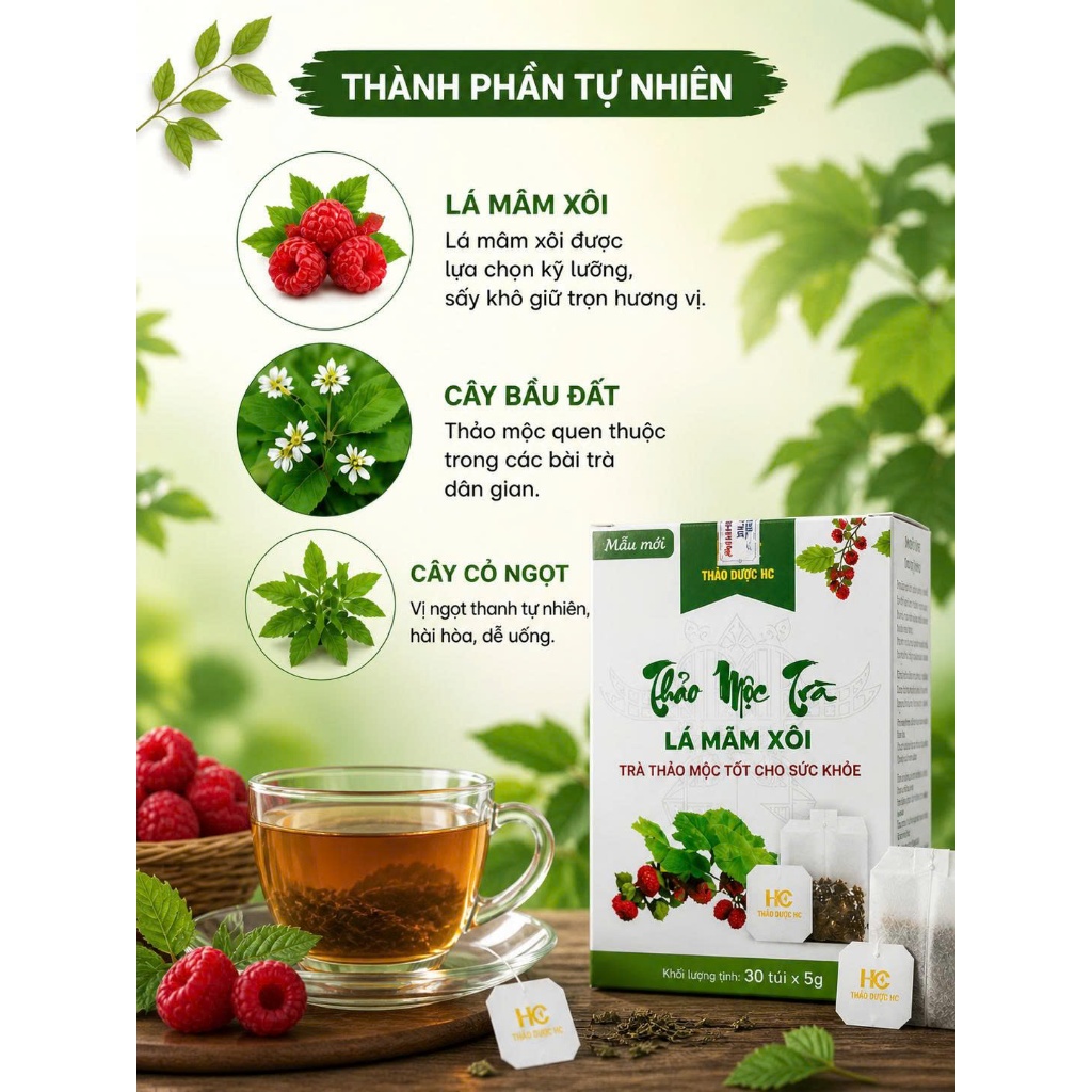 Trà Lá Mâm Xôi HC Túi Lọc 30 Gói – Trà Thảo Mộc Thiên Nhiên, Không Phụ Gia