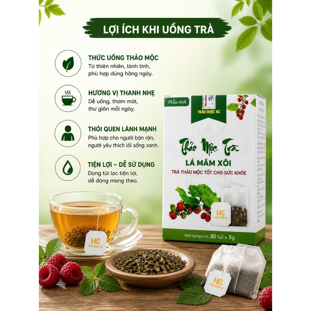 Trà Lá Mâm Xôi Túi Lọc HC – Trà Thảo Mộc Tự Nhiên, Dễ Uống, Tiện Lợi