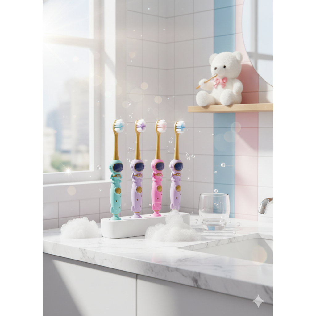 Bàn Chải Đánh Răng Trẻ Em Carla-Max Lông Siêu Mềm Có Nắp Hình Phi Hành Gia Dễ Thương Cho Bé