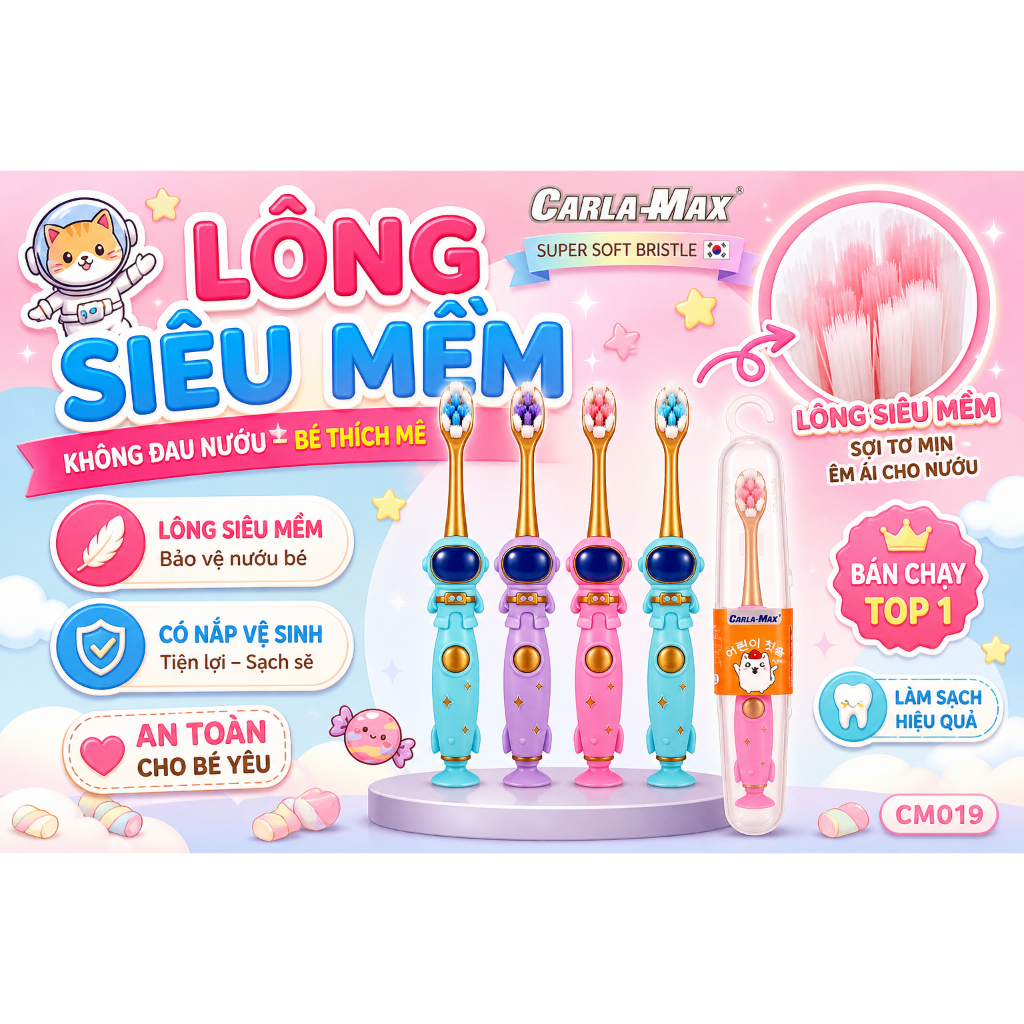 Bàn Chải Đánh Răng Trẻ Em Carla-Max Lông Siêu Mềm Có Nắp Hình Phi Hành Gia Dễ Thương Cho Bé