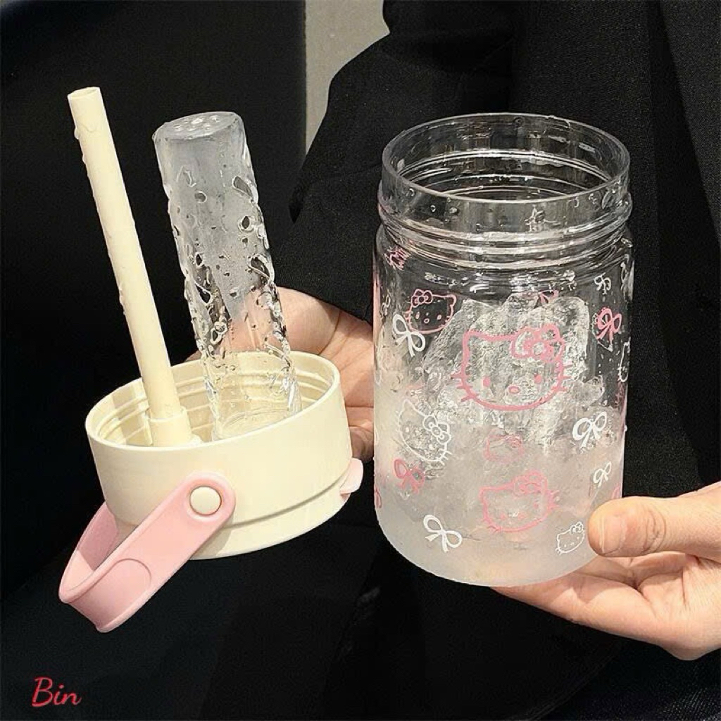 Bình nước hello kitty dung tích 600ml kèm ống hút tiện lợi
