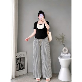 Set đồ bigsize nữ áo thun kiểu đính nơ phối quần ống xuông kẻ sọc hottrend lưng chun co giãn thoải mái- Set971
