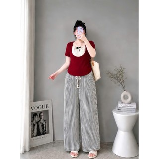 Set đồ bigsize nữ áo thun kiểu đính nơ phối quần ống xuông kẻ sọc hottrend lưng chun co giãn thoải mái- Set971