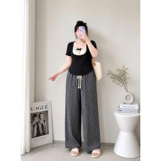Set đồ bigsize nữ áo thun kiểu đính nơ phối quần ống xuông kẻ sọc hottrend lưng chun co giãn thoải mái- Set971