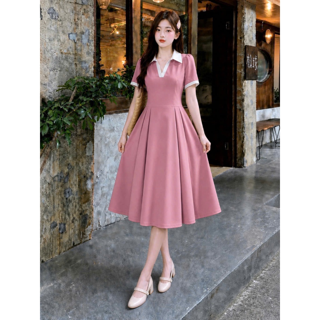 Đầm Polo Bigsize Nữ – Dáng Suông Chữ A Phối Cổ Trắng Vải Gân Tăm Mềm Mát G94