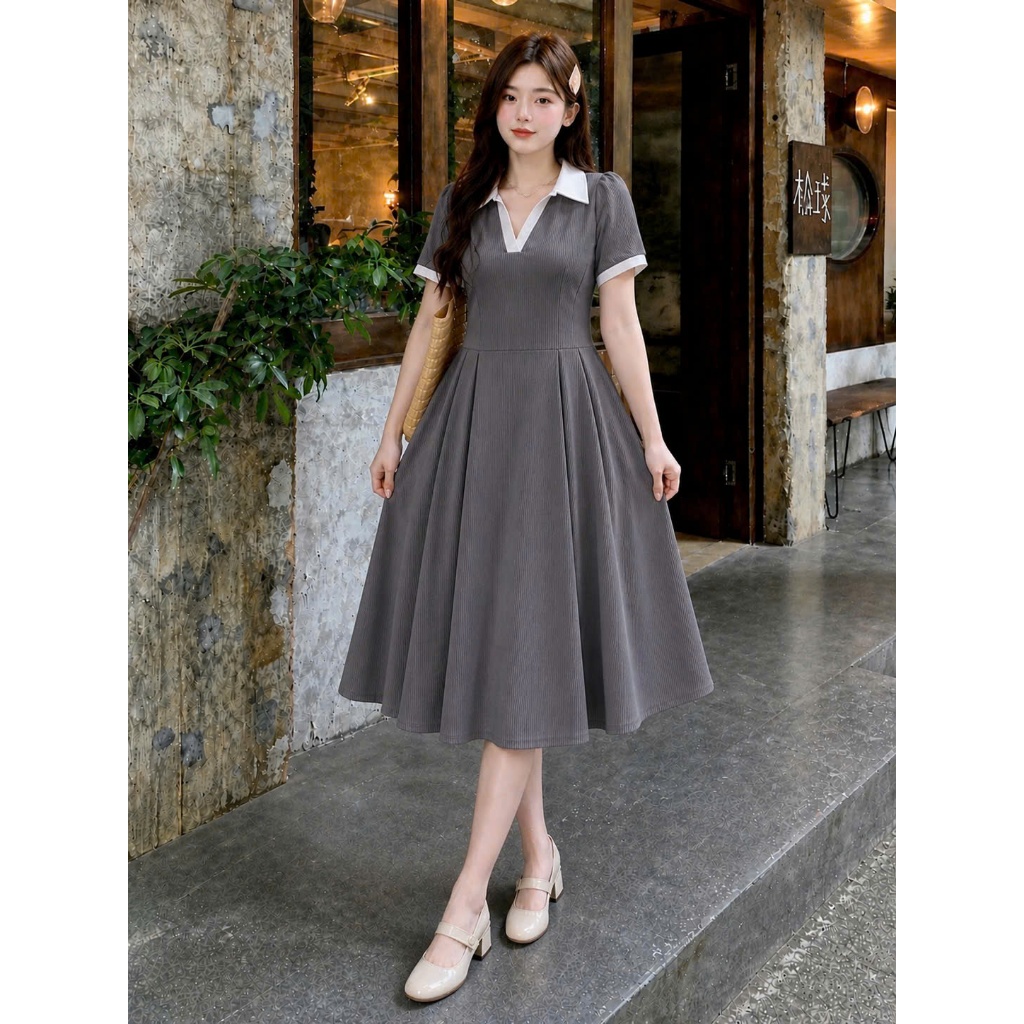 Đầm Polo Bigsize Nữ – Dáng Suông Chữ A Phối Cổ Trắng Vải Gân Tăm Mềm Mát G94