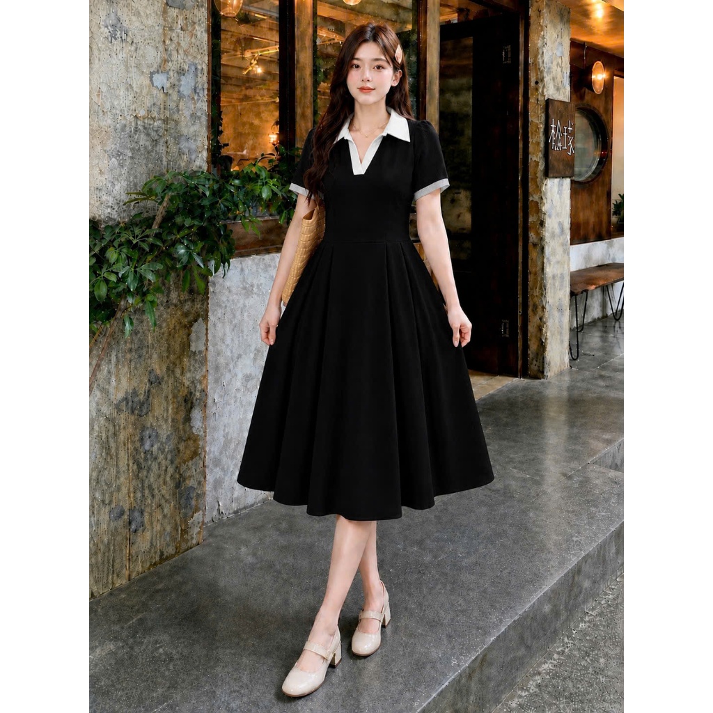Đầm Polo Bigsize Nữ – Dáng Suông Chữ A Phối Cổ Trắng Vải Gân Tăm Mềm Mát G94