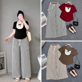Set đồ bigsize nữ áo thun kiểu đính nơ phối quần ống xuông kẻ sọc hottrend lưng chun co giãn thoải mái- Set971