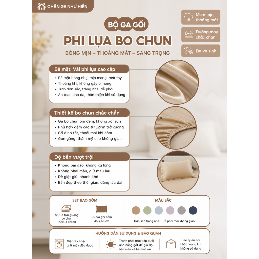 Bộ Ga Hè 3 Món Phi Lụa Bo Chun – Vải phi lụa thoáng mát, đơn sắc trang nhã