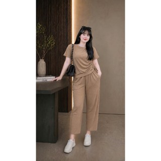 Bộ đồ thời trang NHỎ CLOTHING  bigsize nữ áo croptop tay ngắn nữ kèm quần dài vải gân tăm co giãn thời trang SET62